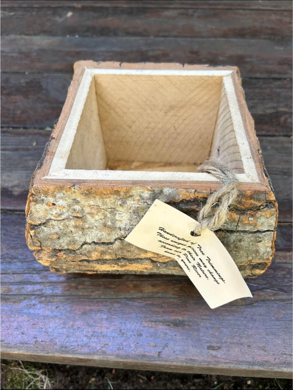 Rustic Bark Wood Square Planter - Natural